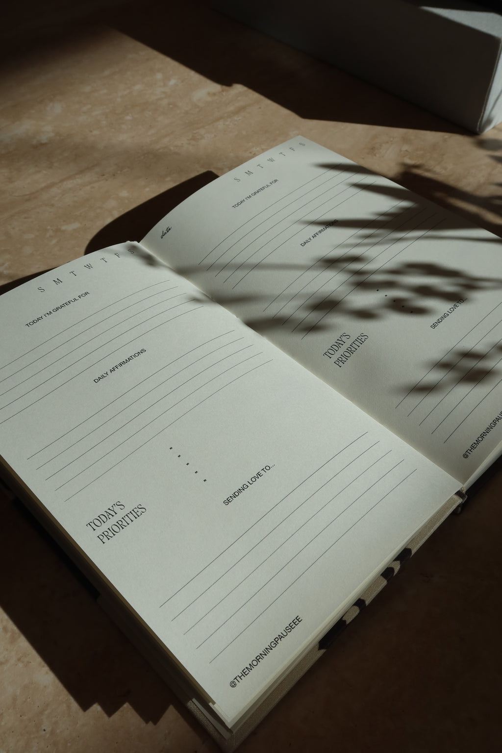 The Morning Pause gratitude journal with hand-painted cover art inspired by morning light and shadows