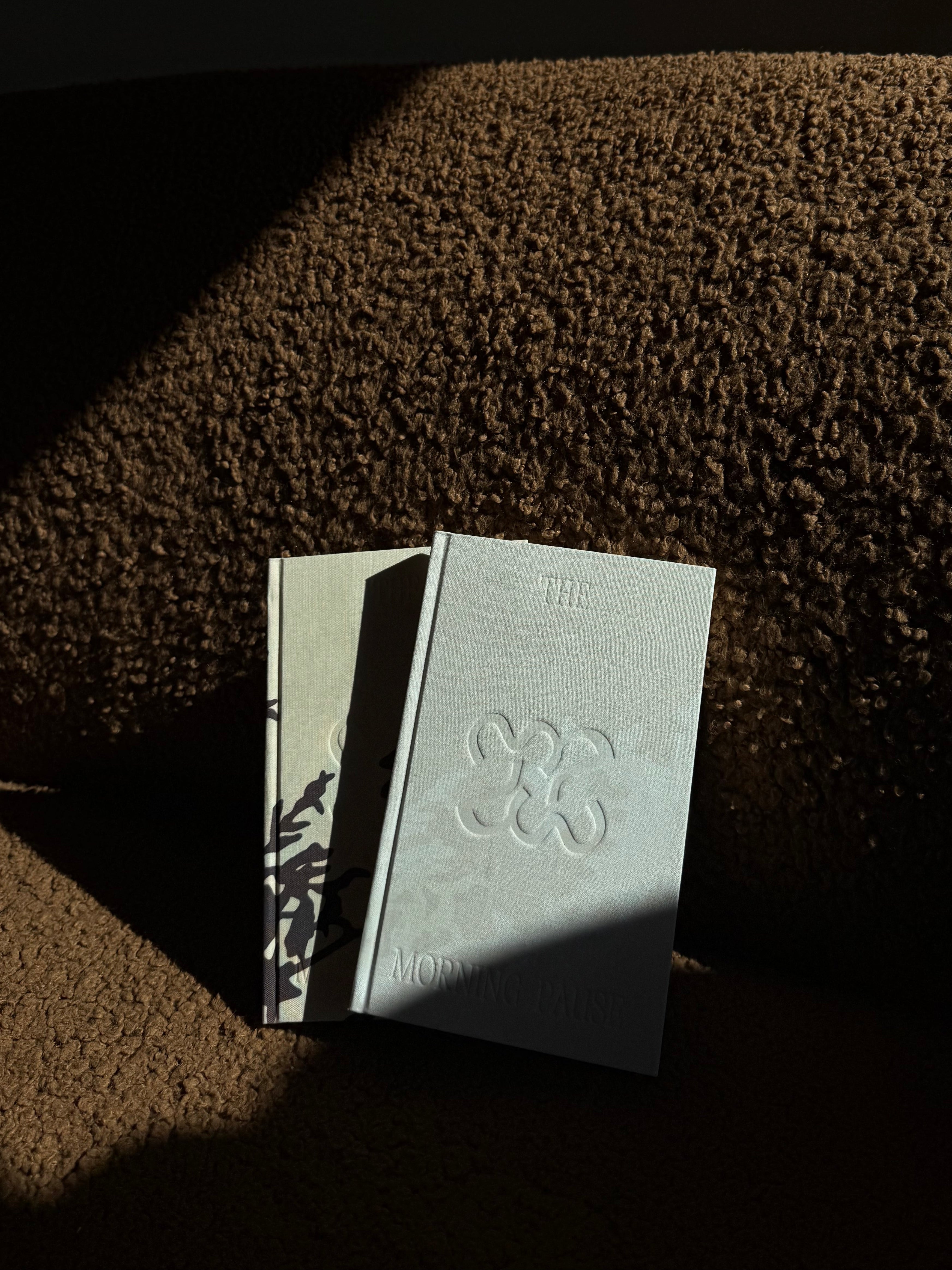 The Morning Pause gratitude journal styled on a coffee table in a moody organic modern living space